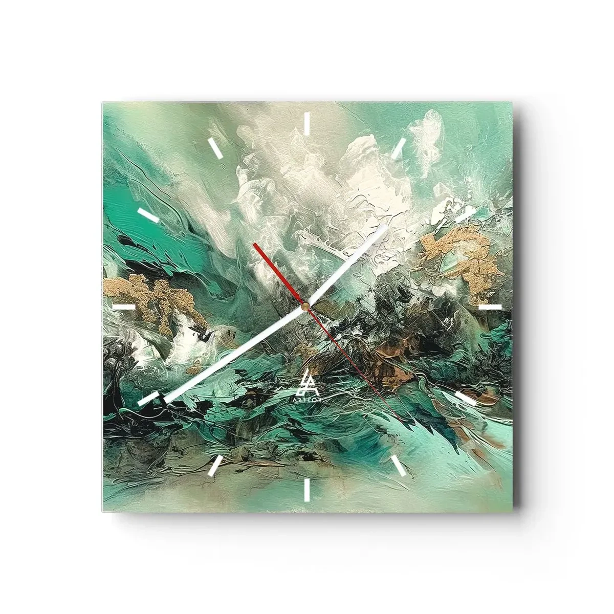 Reloj de pared - Reloj de vidrio - Paisaje abstracto en tonos verdes y dorados. - 30x30cm - Hervor negro esmeralda - Decoración de pared moderna para salón y dormitorio ARTTOR