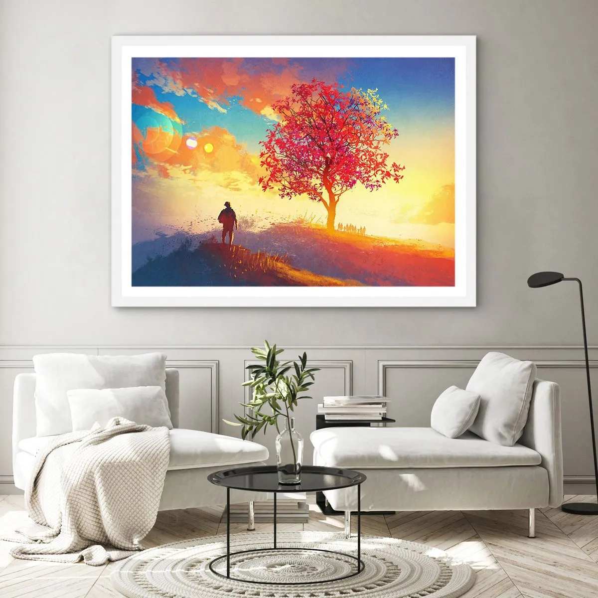 Póster en marco blanco - Un peregrino en su destino - 100x70 cm