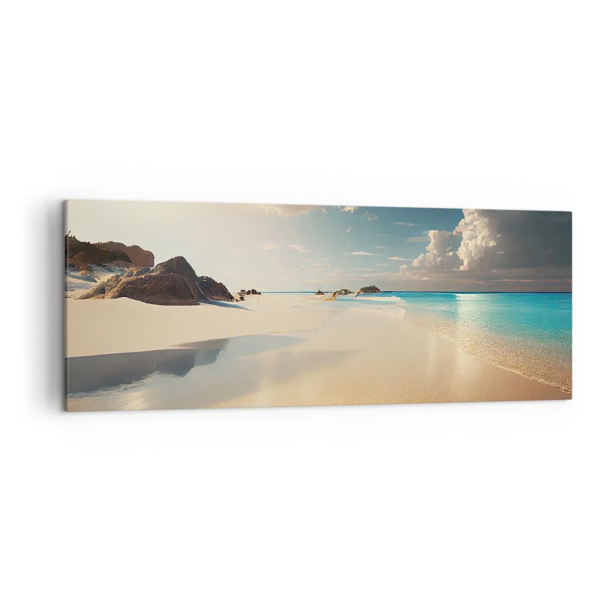 Cuadro sobre lienzo - Impresión de Imagen - Una playa soleada con mar azul y rocas. - 140x50cm - Un día de ensueño - Decoración de pared moderna para salón y dormitorio ARTTOR