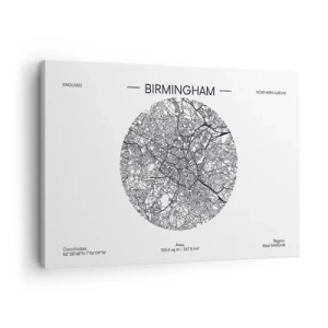 Cuadro sobre lienzo - Impresión de Imagen - Un mapa minimalista en blanco y negro de Birmingham con detalles precisos. - 70x50cm - Anatomía de Birmingham - Decoración de pared moderna para salón y dormitorio ARTTOR