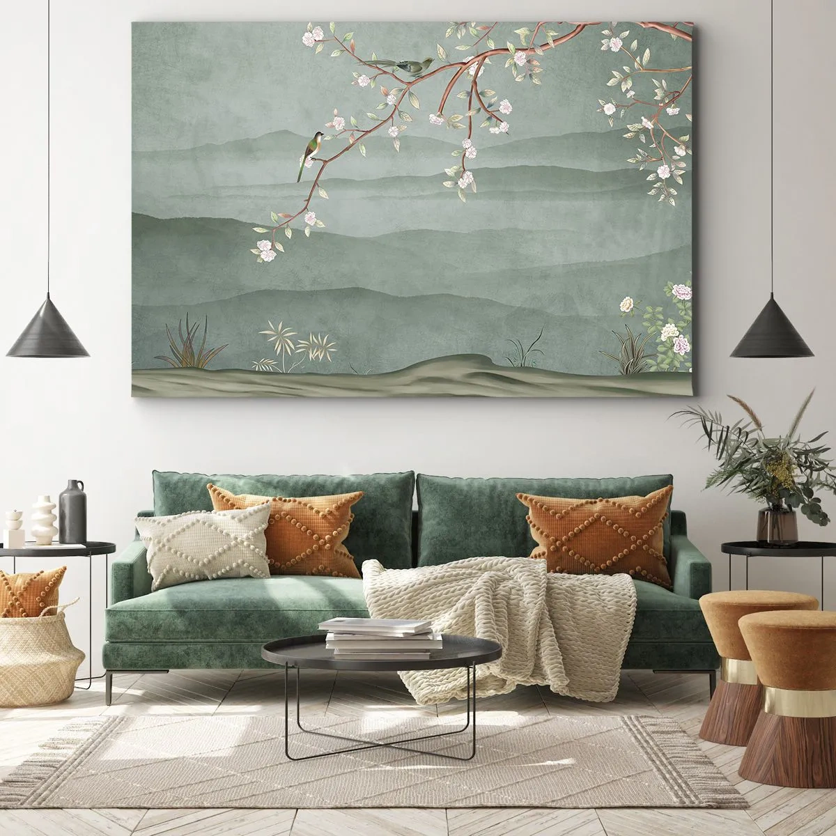 Cuadro sobre lienzo - Impresión de Imagen - Una imagen pintoresca de la rama de un árbol en flor con pájaros sobre un fondo de colinas verdes. - 70x50cm - Primavera, ah, eres tú - Decoración de pared moderna para salón y dormitorio ARTTOR