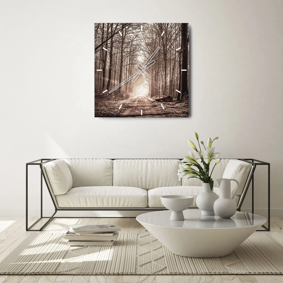 Reloj de pared - Reloj de vidrio - Un sendero forestal entre árboles en tonos sepia. - 30x30cm - La catedral del bosque - Decoración de pared moderna para salón y dormitorio ARTTOR