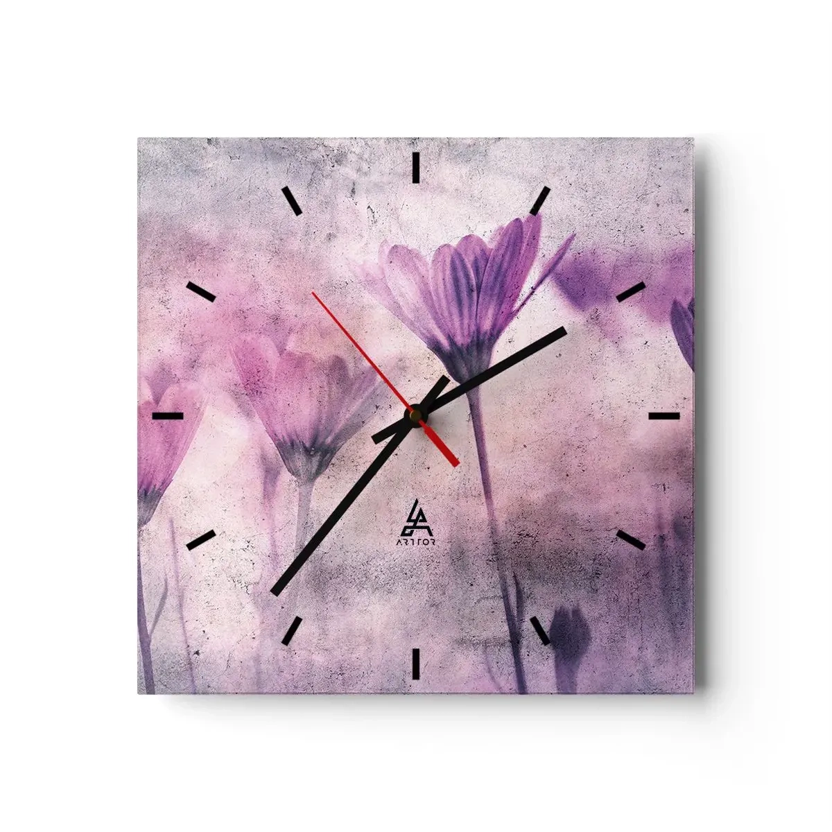 Reloj de pared - Reloj de vidrio - Delicadas flores en tonos morados sobre un fondo claro. - 30x30cm - Sueño de flores - Decoración de pared moderna para salón y dormitorio ARTTOR