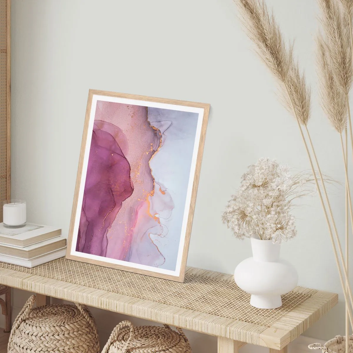Póster en marco roble claro - Olas de lila y púrpura - 61x91 cm