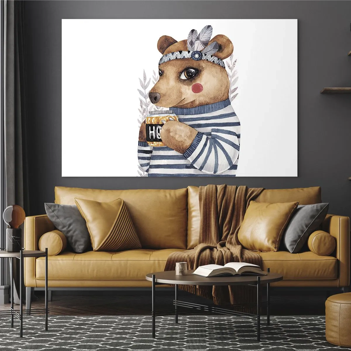 Cuadro sobre vidrio - Impresiones sobre Vidrio - Un osito de peluche rayado con una taza de miel y plumas. - 70x50cm - Dulce oso - Decoración de pared moderna para salón y dormitorio ARTTOR