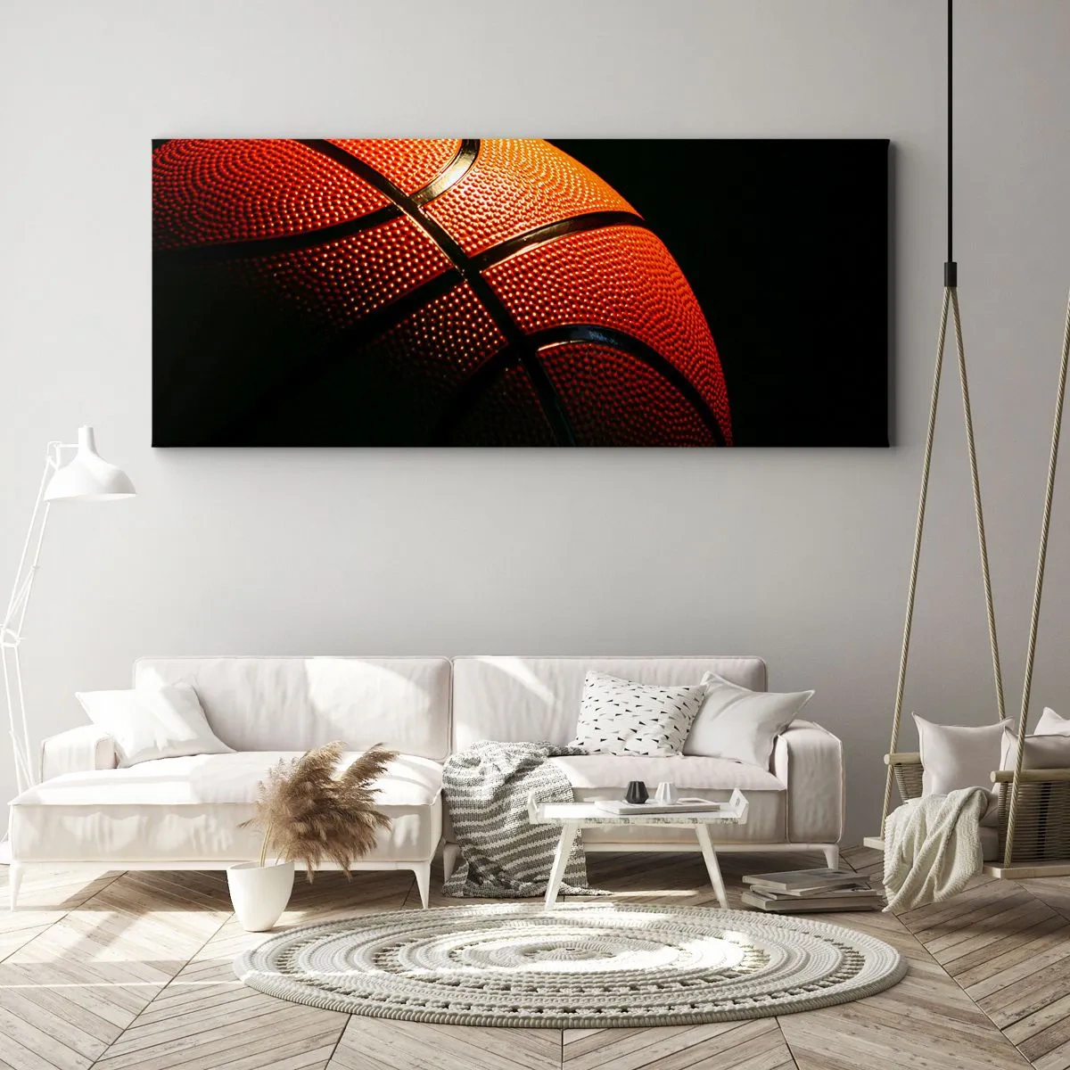 Cuadro sobre lienzo - Impresión de Imagen - Primer plano de una pelota de baloncesto sobre un fondo negro - 120x50cm - Hermoso como un planeta - Decoración de pared moderna para salón y dormitorio ARTTOR