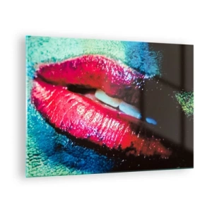 Cuadro sobre vidrio - Impresiones sobre Vidrio - Labios rojos sobre un fondo de colores intensos. - 70x50cm - Sensual e inquietante - Decoración de pared moderna para salón y dormitorio ARTTOR