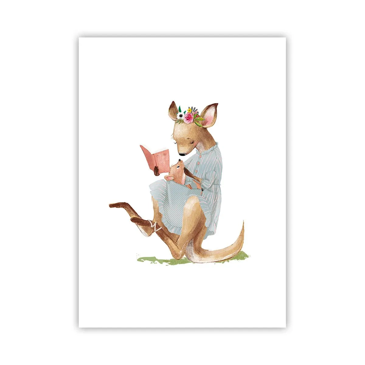 Póster - Un canguro leyendo un libro con un niño en un estilo artístico. - 50x70cm - Léeme un cuento, mamá - Decoración de pared moderna para salón y dormitorio ARTTOR