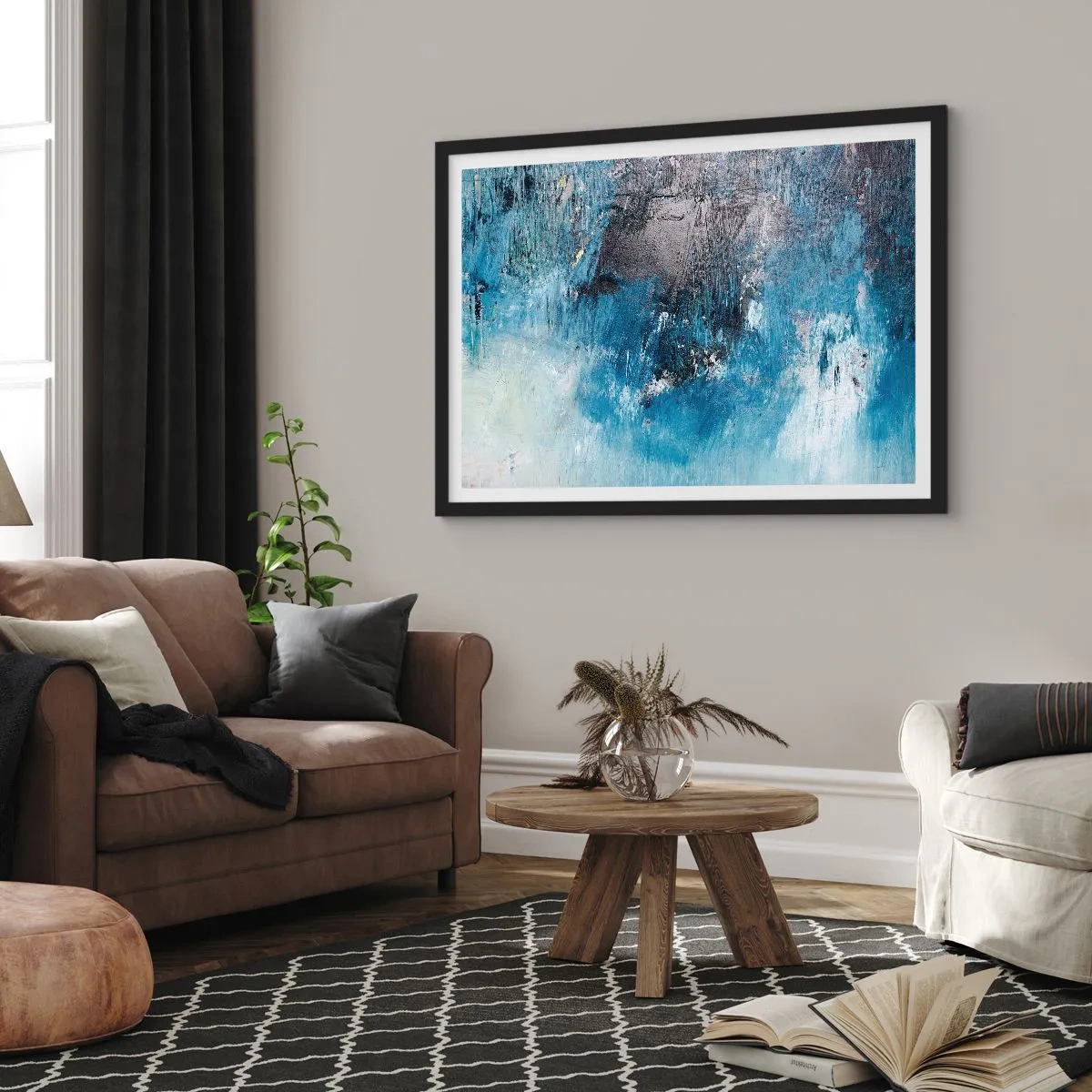 Póster en marco negro - Pinceladas abstractas en tonos azules - 100x70cm - Rapsodia celeste - Decoración de pared moderna para salón y dormitorio ARTTOR