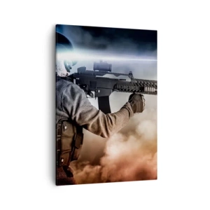 Cuadro sobre lienzo - Impresión de Imagen - Un soldado en acción con un rifle contra un fondo de nubes y luz. - 50x70cm - Luchador - Decoración de pared moderna para salón y dormitorio ARTTOR