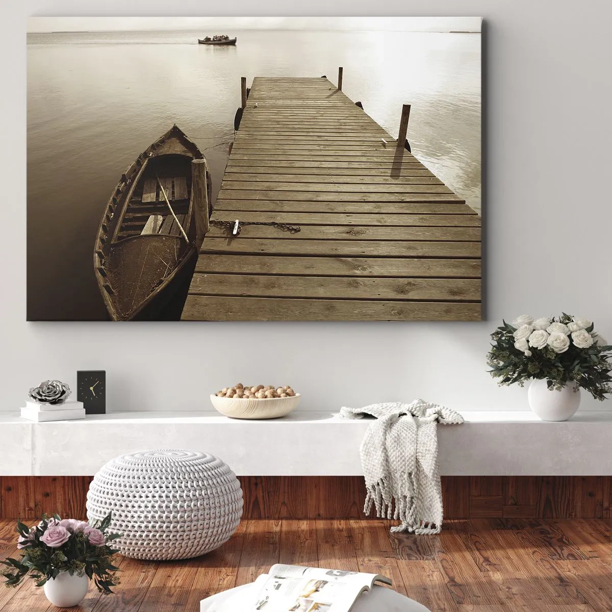 Cuadro sobre lienzo - Impresión de Imagen - Muelle de madera y barco en un lago tranquilo - 70x50cm - La auténtica paz - Decoración de pared moderna para salón y dormitorio ARTTOR