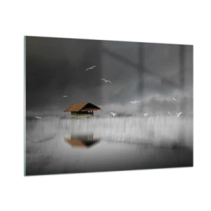 Cuadro sobre vidrio - Impresiones sobre Vidrio - Una casa sobre el agua en la niebla con pájaros volando. - 100x70cm - Resguardo de la lluvia - Decoración de pared moderna para salón y dormitorio ARTTOR