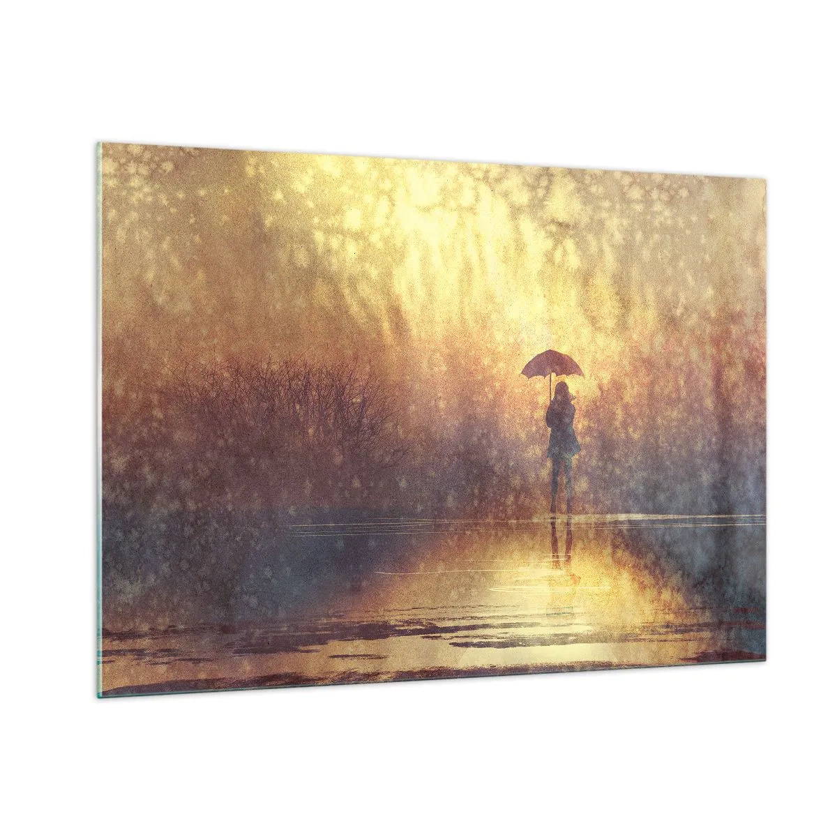Cuadro sobre vidrio - Impresiones sobre Vidrio - Una figura con un paraguas a la luz del sol poniente y la lluvia. - 100x70cm - Siento que alguien me mira - Decoración de pared moderna para salón y dormitorio ARTTOR