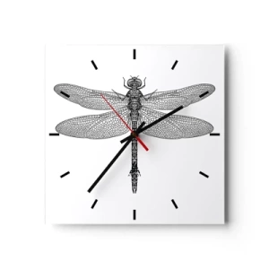 Reloj de pared - Reloj de vidrio - Dibujo en blanco y negro de una libélula sobre un fondo blanco en estilo minimalista. - 30x30cm - Precisión de la naturaleza - Decoración de pared moderna para salón y dormitorio ARTTOR
