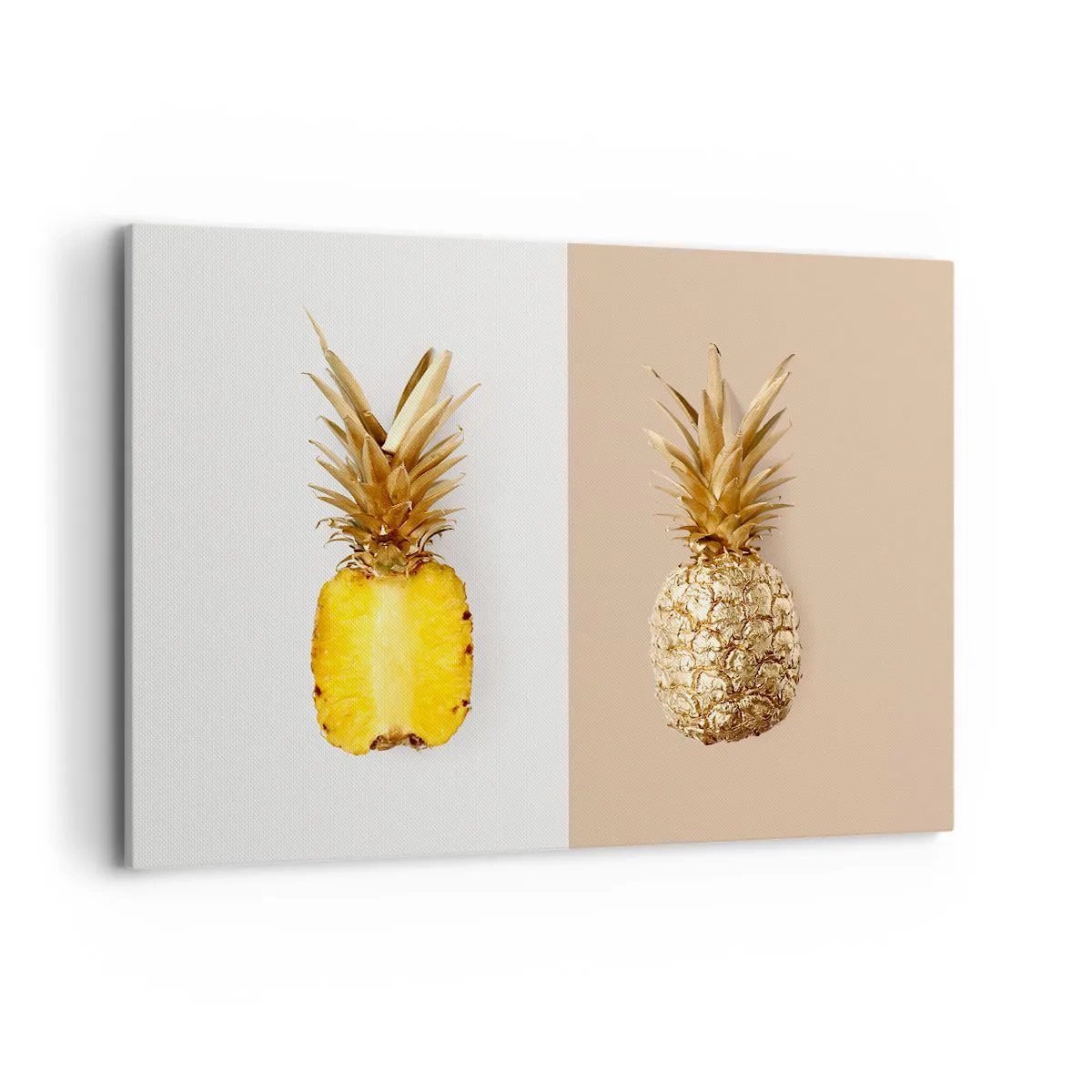 Cuadro sobre lienzo - Impresión de Imagen - Media piña fresca y dorada sobre un fondo contrastante. - 120x80cm - Piña y media - Decoración de pared moderna para salón y dormitorio ARTTOR