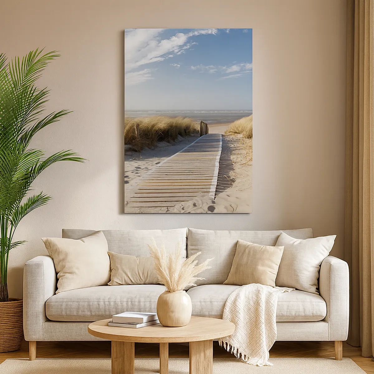 Cuadro sobre lienzo - Impresión de Imagen - Un camino de madera conduce a través de las dunas hasta el mar en calma. - 50x70cm - Más allá de la duna, en el susurro de la naturaleza - Decoración de pared moderna para salón y dormitorio ARTTOR