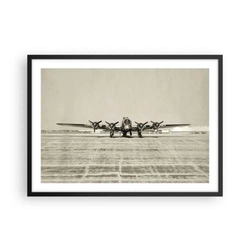Póster en marco negro - Avión histórico en el aeropuerto en sepia - 70x50cm - Como siempre, preparado - Decoración de pared moderna para salón y dormitorio ARTTOR
