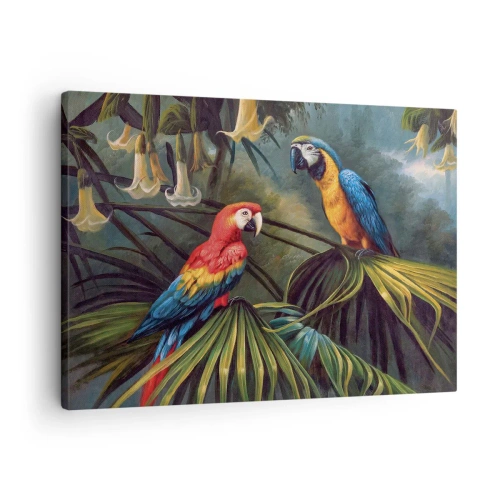 Cuadro sobre lienzo - Impresión de Imagen - Loros en un bosque tropical con flores exóticas al fondo. - 70x50cm - Romanticismo en los trópicos - Decoración de pared moderna para salón y dormitorio ARTTOR