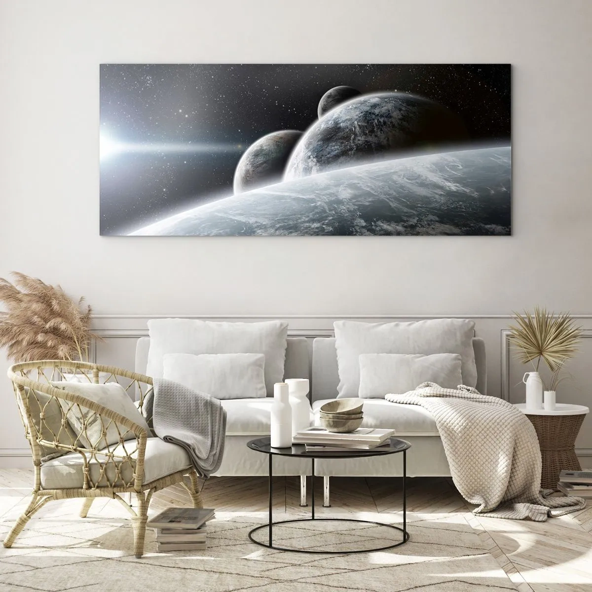 Cuadro sobre vidrio - Impresiones sobre Vidrio - Planetas en el espacio contra el fondo de estrellas y galaxias. - 140x50cm - Música cósmica de las esferas - Decoración de pared moderna para salón y dormitorio ARTTOR