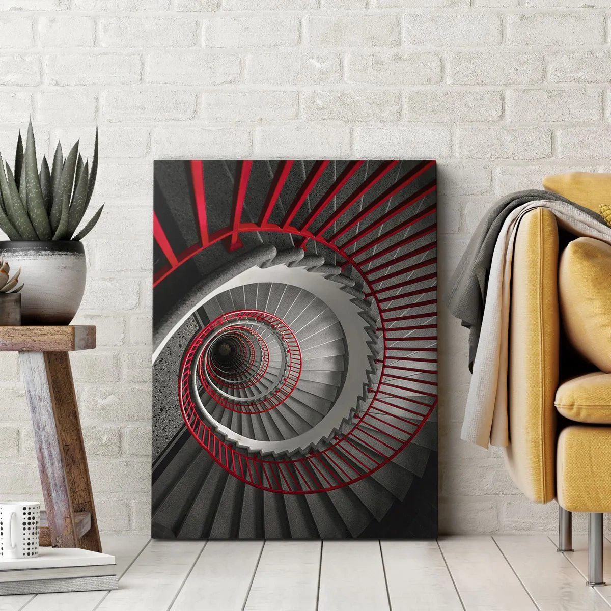 Cuadro sobre lienzo - Impresión de Imagen - Escalera de caracol con pasamanos rojos en perspectiva dinámica. - 50x70cm - Juegos arquitectónicos - Decoración de pared moderna para salón y dormitorio ARTTOR