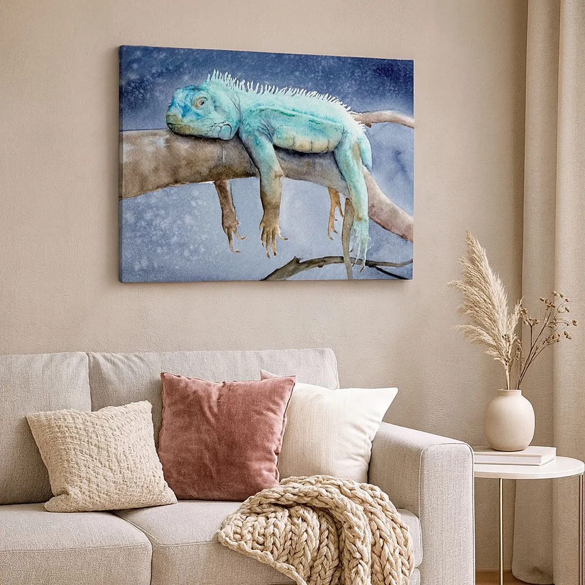 Cuadro sobre lienzo - Impresión de Imagen - Iguana azul descansando en una rama - 70x50cm - Me siento bien, ¿y tú? - Decoración de pared moderna para salón y dormitorio ARTTOR
