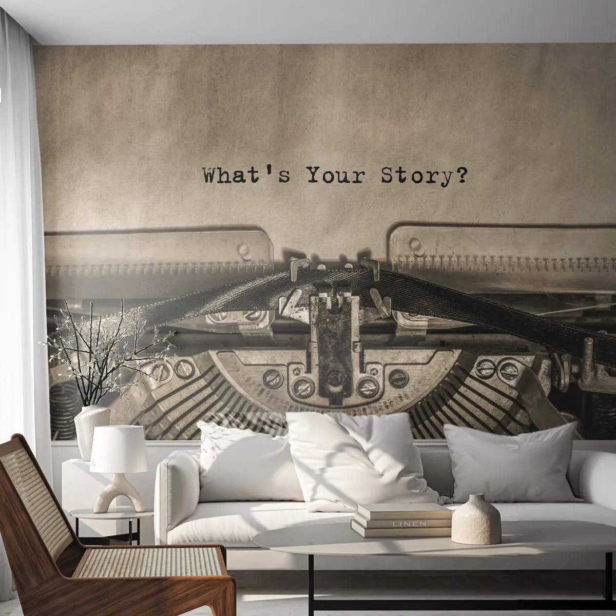 Fotomural Premium Canvas - Una máquina de escribir con las palabras ¿Cuál es tu historia? - 100x70cm - Solo espero una respuesta - Decoración de pared moderna para salón y dormitorio ARTTOR