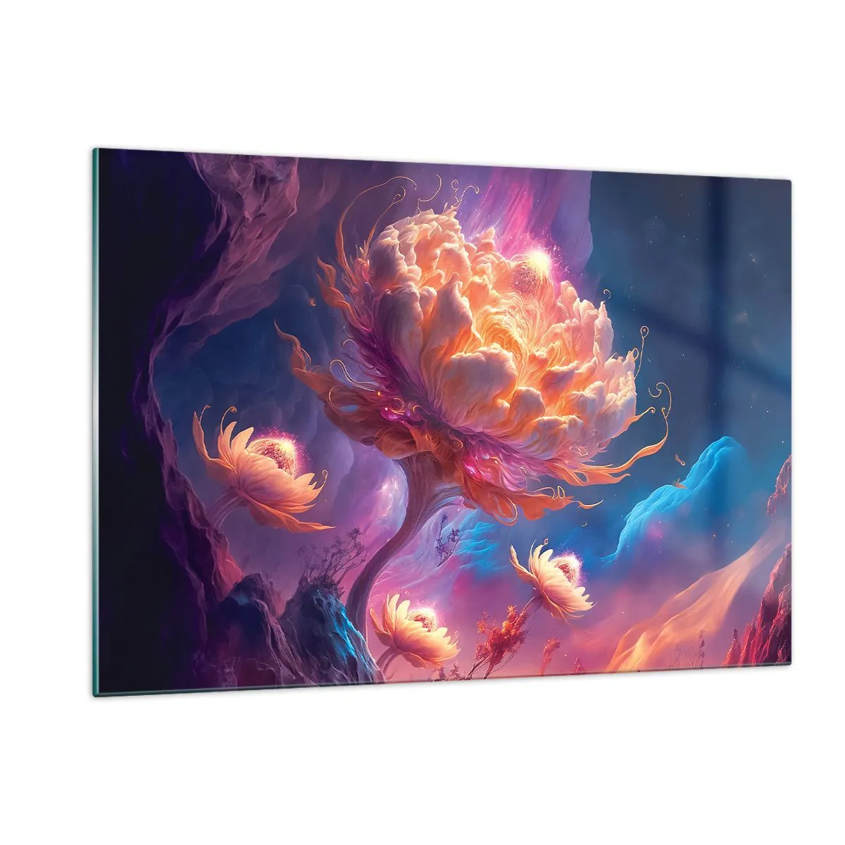 Cuadro sobre vidrio - Impresiones sobre Vidrio - Una flor fantástica flotando en un entorno cósmico. - 120x80cm - Otro mundo - Decoración de pared moderna para salón y dormitorio ARTTOR