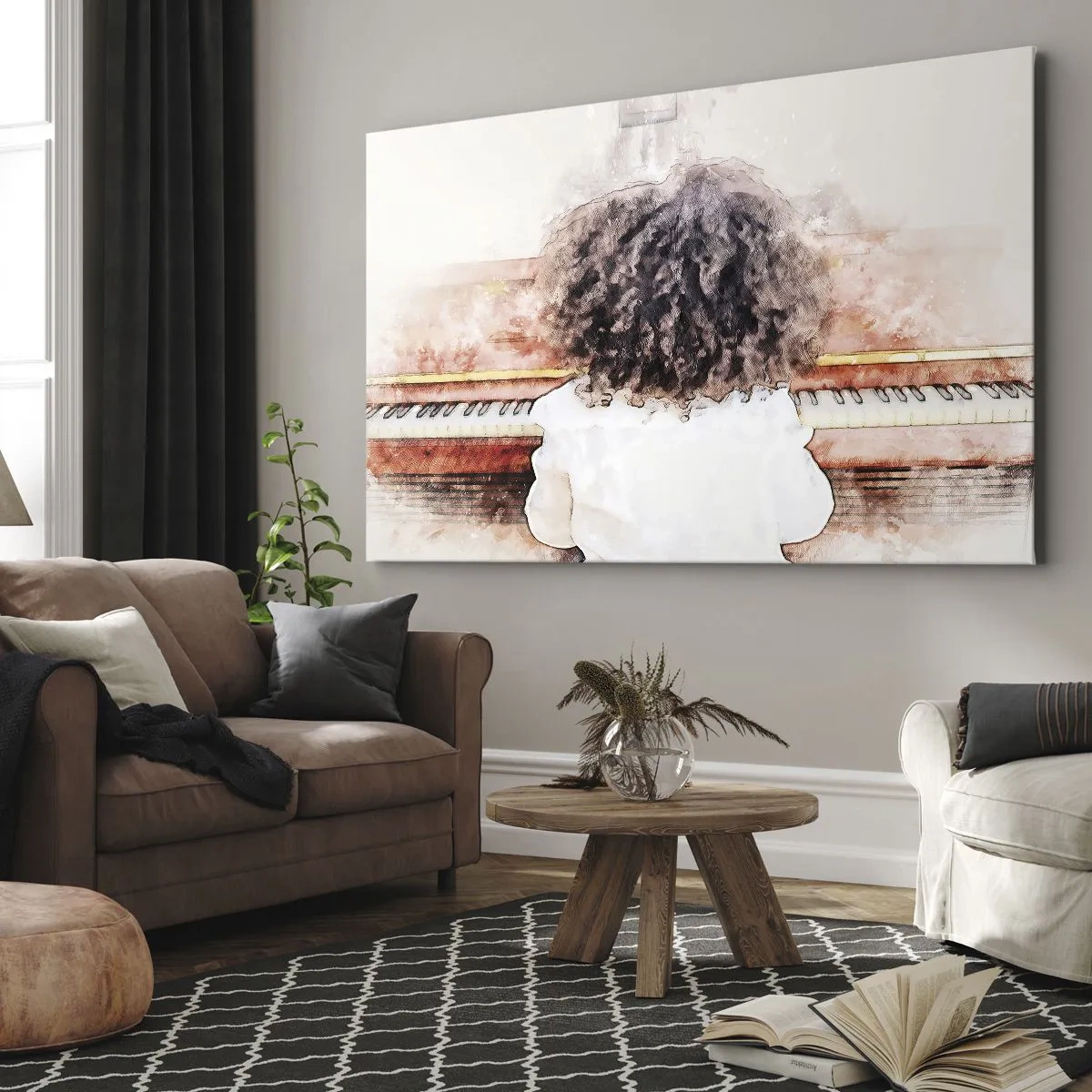 Cuadro sobre lienzo - Impresión de Imagen - Una chica con cabello tupido al piano - 120x80cm - Descubriendo un mundo nuevo - Decoración de pared moderna para salón y dormitorio ARTTOR
