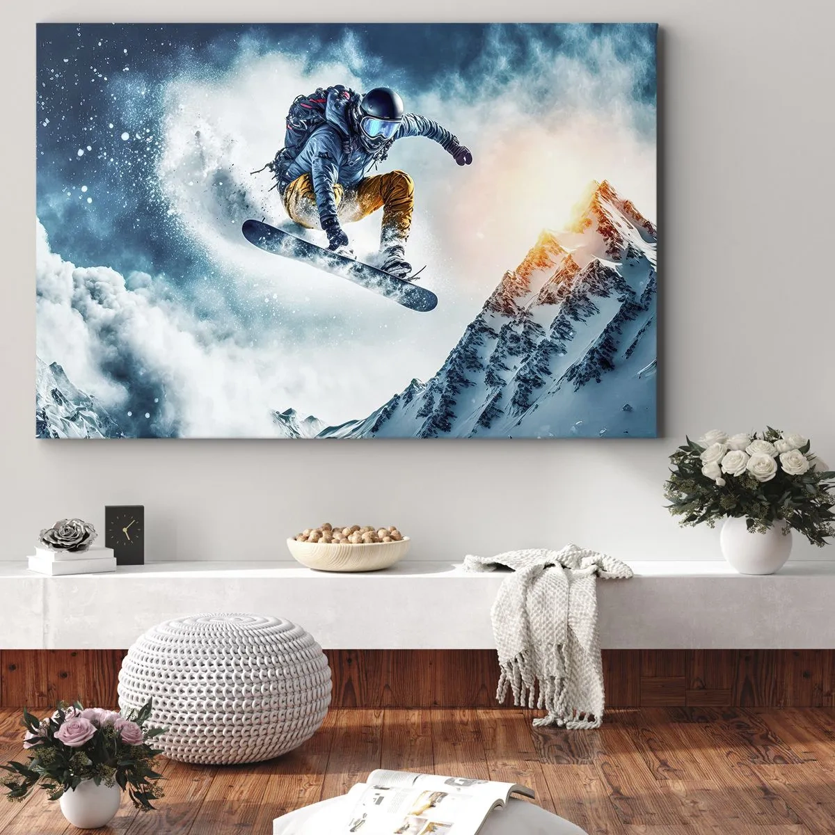 Cuadro sobre lienzo - Impresión de Imagen - Un snowboarder vuela sobre montañas nevadas. - 100x70cm - Emociones extremas - Decoración de pared moderna para salón y dormitorio ARTTOR