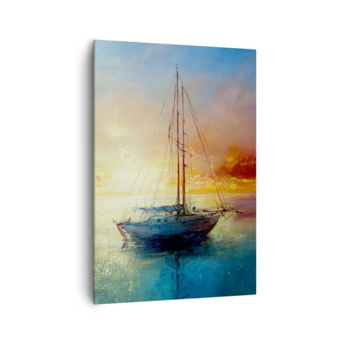 Cuadro sobre lienzo - Impresión de Imagen - Un yate en un mar tranquilo al atardecer. - 70x100cm - En una bahía dorada - Decoración de pared moderna para salón y dormitorio ARTTOR
