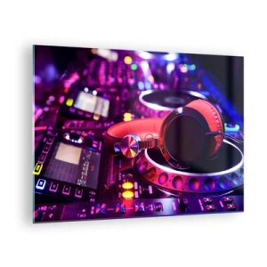 Cuadro sobre vidrio - Impresiones sobre Vidrio - Equipo de DJ colorido con auriculares rojos. - 70x50cm - Antes de que comience la diversión - Decoración de pared moderna para salón y dormitorio ARTTOR