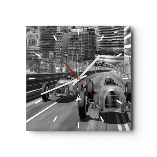 Reloj de pared - Reloj de vidrio - Escena de carrera de coches retro monocromática - 30x30cm - Érase una vez en Montecarlo - Decoración de pared moderna para salón y dormitorio ARTTOR