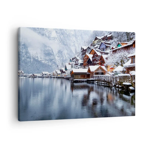 Cuadro sobre lienzo - Impresión de Imagen - Vista invernal de un pueblo de montaña junto al lago. - 70x50cm - En un decorado de invierno - Decoración de pared moderna para salón y dormitorio ARTTOR