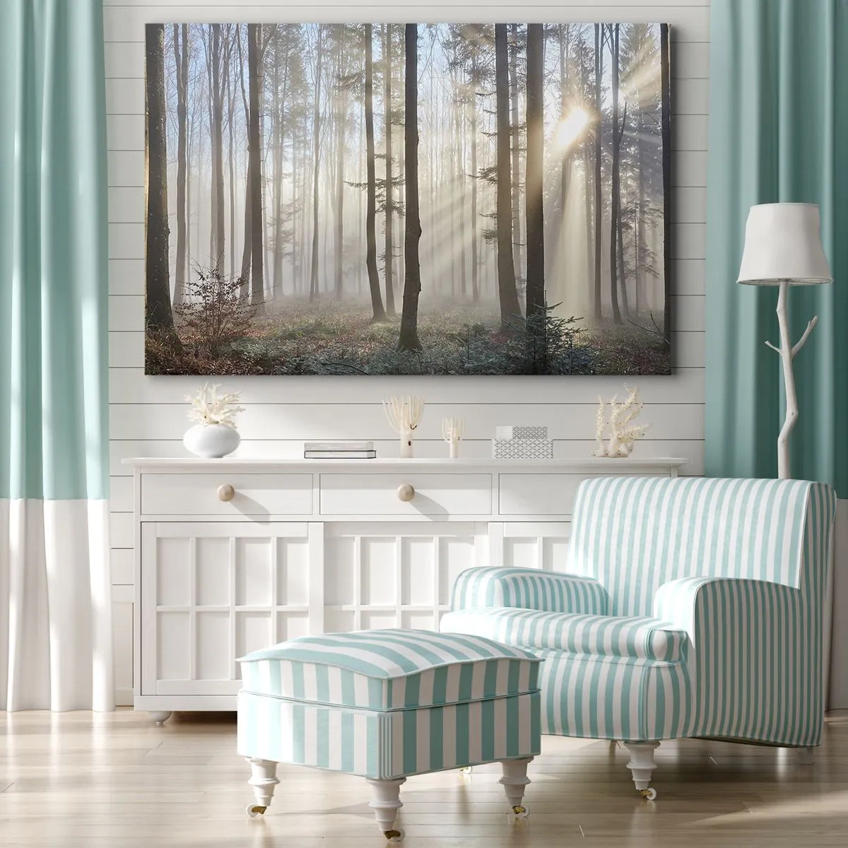Cuadro sobre lienzo - Impresión de Imagen - Un bosque en medio de una ligera niebla con rayos de sol brillando a través de los árboles. - 70x50cm - La niebla también está despierta - Decoración de pared moderna para salón y dormitorio ARTTOR