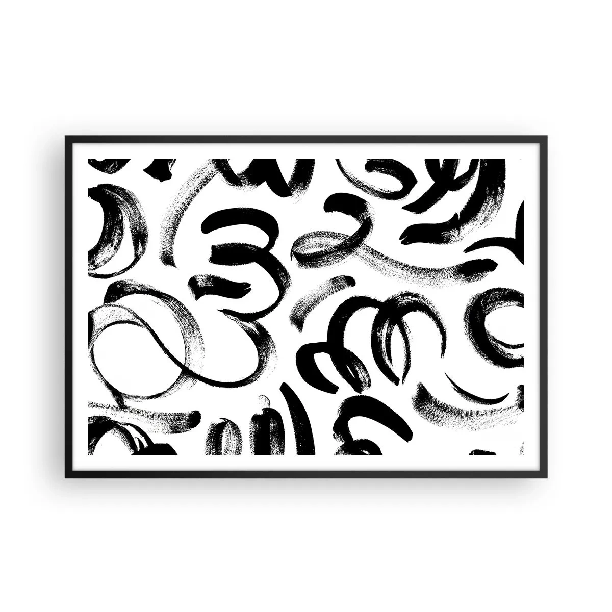 Póster en marco negro - Pinceladas abstractas negras sobre fondo blanco - 100x70cm - Negro sobre blanco - Decoración de pared moderna para salón y dormitorio ARTTOR
