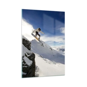 Cuadro sobre vidrio - Impresiones sobre Vidrio - Un snowboarder saltando de un acantilado en las montañas en invierno. - 50x70cm - Libertad sin fronteras - Decoración de pared moderna para salón y dormitorio ARTTOR