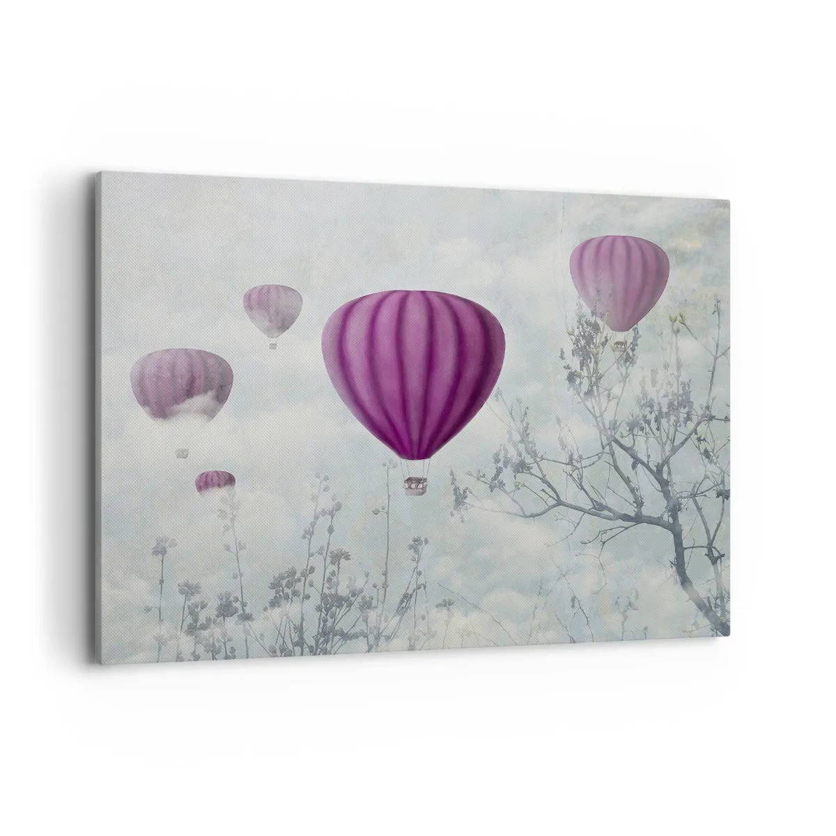 Cuadro sobre lienzo - Impresión de Imagen - Globos morados flotando sobre los árboles en las nubes. - 120x80cm - Surcando los cielos - Decoración de pared moderna para salón y dormitorio ARTTOR