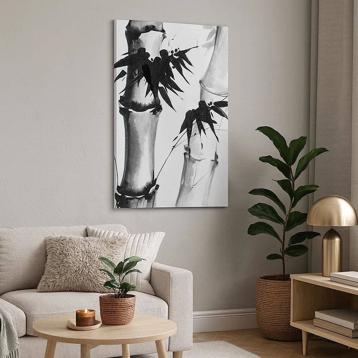 Cuadro sobre lienzo - Impresión de Imagen - Bambú de acuarela de estilo japonés sobre un fondo blanco. - 50x70cm - Primer plano de Oriente - Decoración de pared moderna para salón y dormitorio ARTTOR