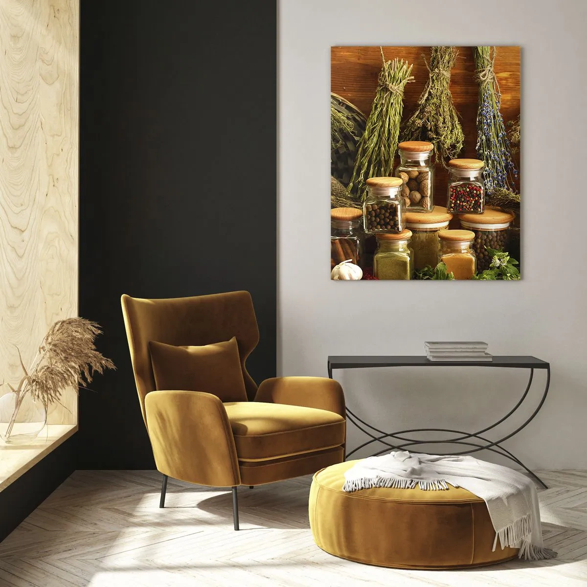 Cuadro sobre vidrio - Impresiones sobre Vidrio - Hierbas y especias en frascos sobre un fondo rústico. - 70x100cm - La magia de la cocina - Decoración de pared moderna para salón y dormitorio ARTTOR