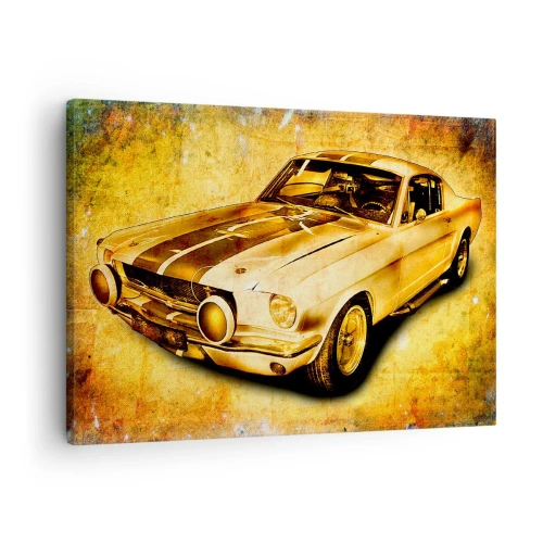 Cuadro sobre lienzo - Impresión de Imagen - Coche deportivo retro clásico sobre un fondo vintage en tonos dorados. - 70x50cm - Los locos años 70. - Decoración de pared moderna para salón y dormitorio ARTTOR