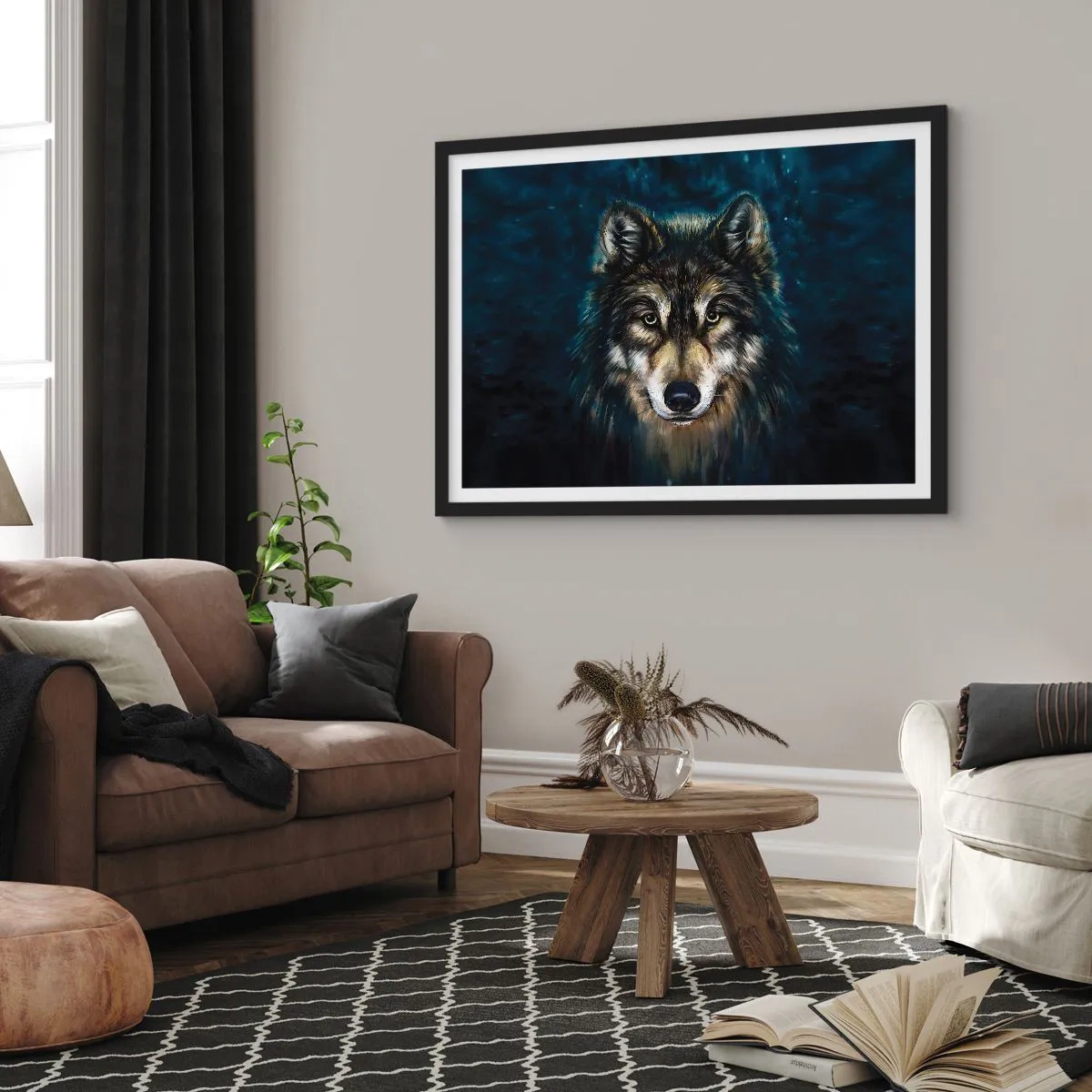 Póster en marco negro - Retrato de un lobo sobre un fondo azul oscuro - 70x50cm - ¿Alfa? Y omega - Decoración de pared moderna para salón y dormitorio ARTTOR
