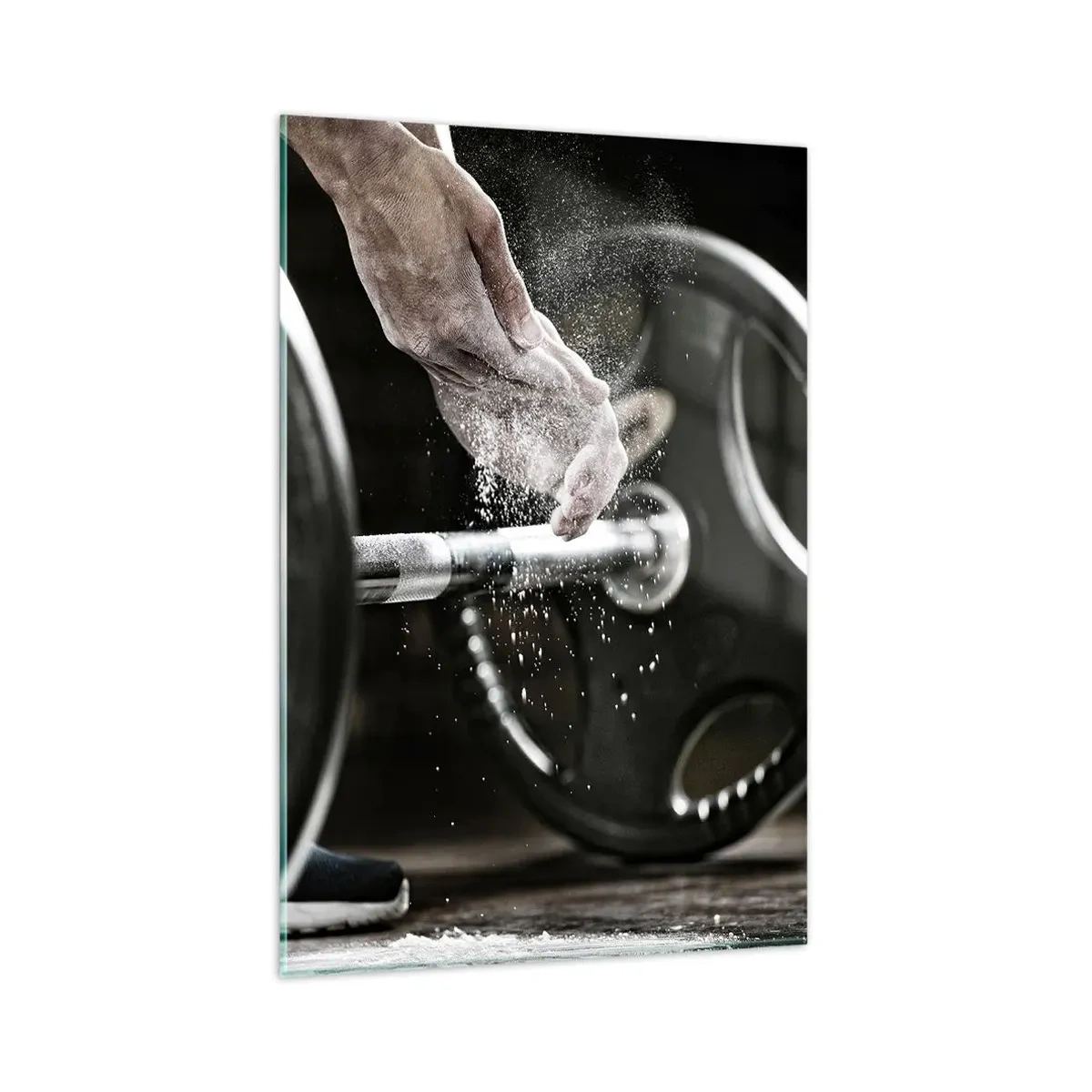 Cuadro sobre vidrio - Impresiones sobre Vidrio - Mancuernas y manos de un atleta preparándose para el entrenamiento. - 80x120cm - ¡Reto aceptado! - Decoración de pared moderna para salón y dormitorio ARTTOR