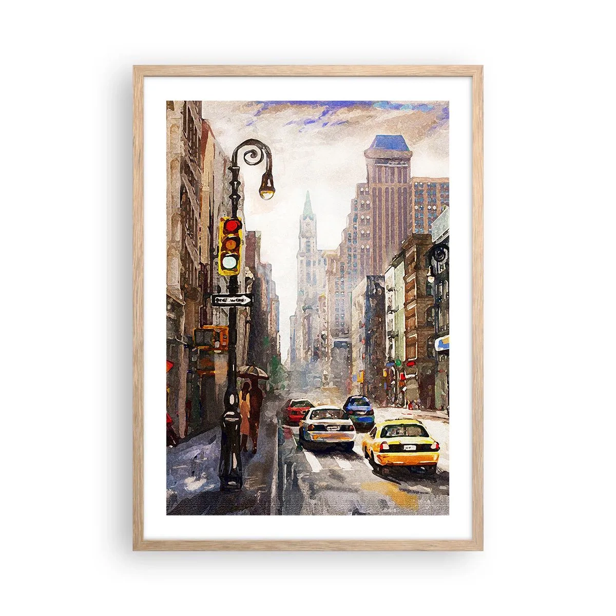 Póster en marco roble claro - Nueva York - también colorida bajo la lluvia - 50x70 cm