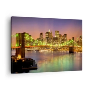 Cuadro sobre lienzo - Impresión de Imagen - Puente iluminado en una ciudad moderna por la noche - 70x50cm - Aquí la luz nunca se apaga - Decoración de pared moderna para salón y dormitorio ARTTOR