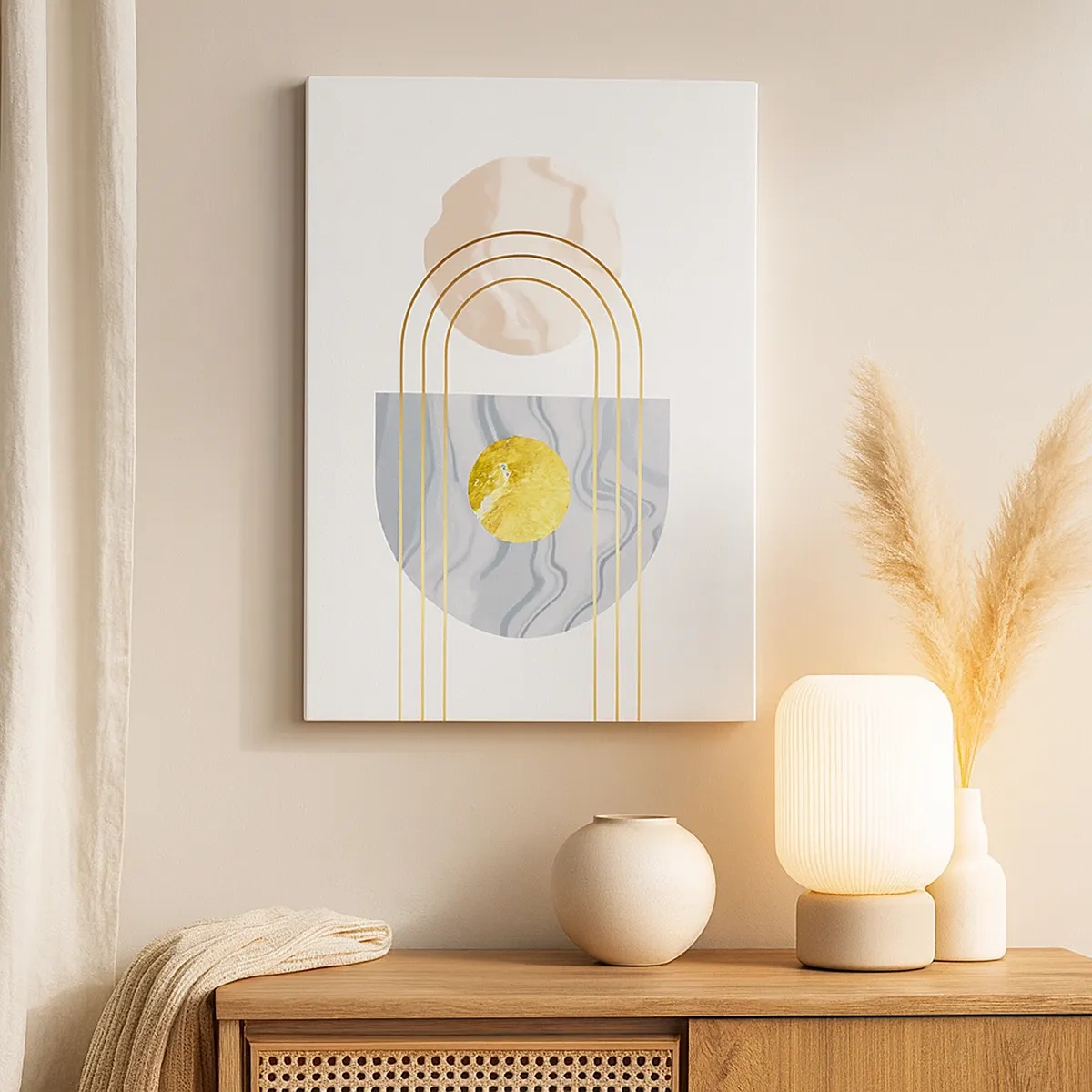 Cuadro sobre lienzo - Impresión de Imagen - Composición abstracta con círculos y líneas doradas sobre fondo claro. - 50x70cm - Brillo y resplandor - Decoración de pared moderna para salón y dormitorio ARTTOR