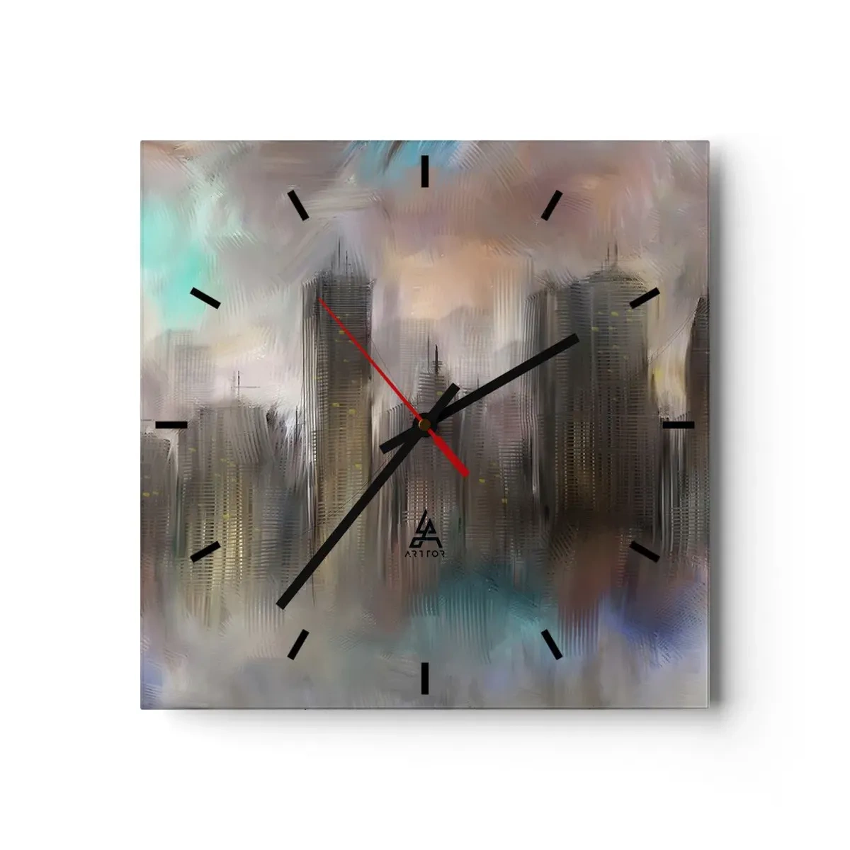 Reloj de pared - Reloj de vidrio - Una visión artística de un paisaje urbano con rascacielos en colores pastel. - 30x30cm - Una composición de acero, piedra y niebla - Decoración de pared moderna para salón y dormitorio ARTTOR