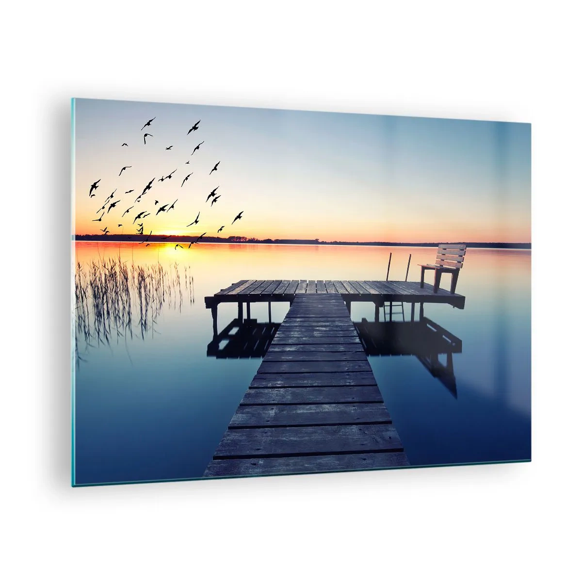 Cuadro sobre vidrio - Impresiones sobre Vidrio - Un muelle en el lago con vista al atardecer y pájaros en vuelo. - 70x50cm - Fue un buen día - Decoración de pared moderna para salón y dormitorio ARTTOR