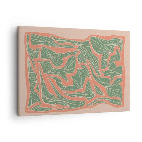 Cuadro sobre lienzo - Impresión de Imagen - Un patrón de plantas en tonos verdes y naranjas. - 70x50cm - Lucha entre el coral y el verde - Decoración de pared moderna para salón y dormitorio ARTTOR