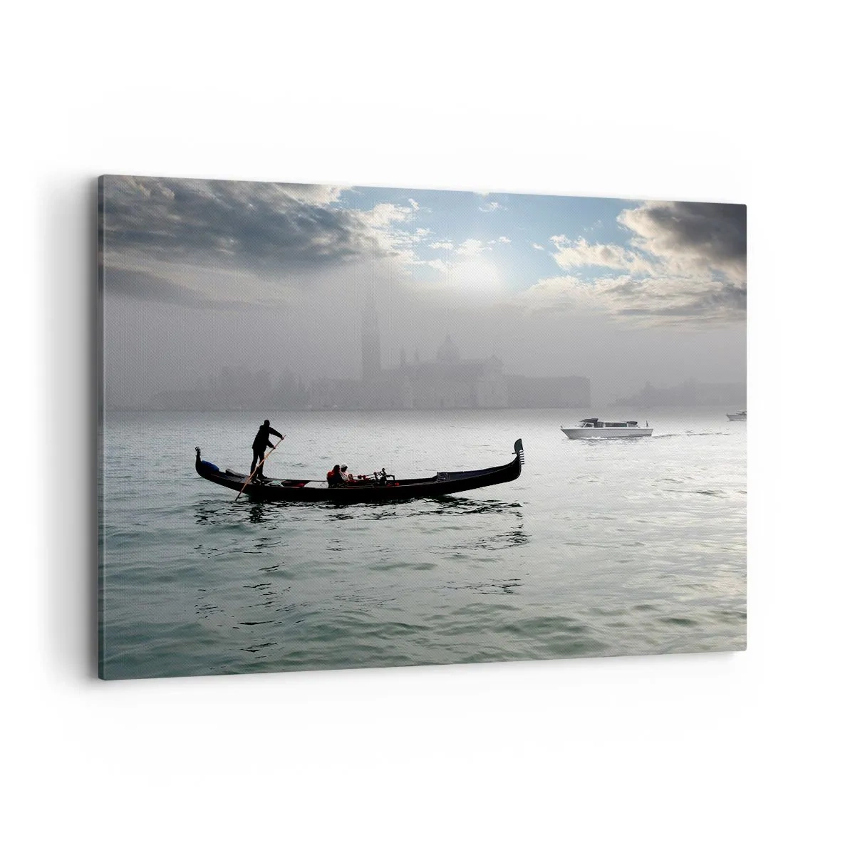 Cuadro sobre lienzo - Impresión de Imagen - Una góndola se desliza por las aguas de Venecia en una mañana brumosa, con vistas a la ciudad. - 120x80cm - Una fabulosa ciudad de agua y niebla - Decoración de pared moderna para salón y dormitorio ARTTOR