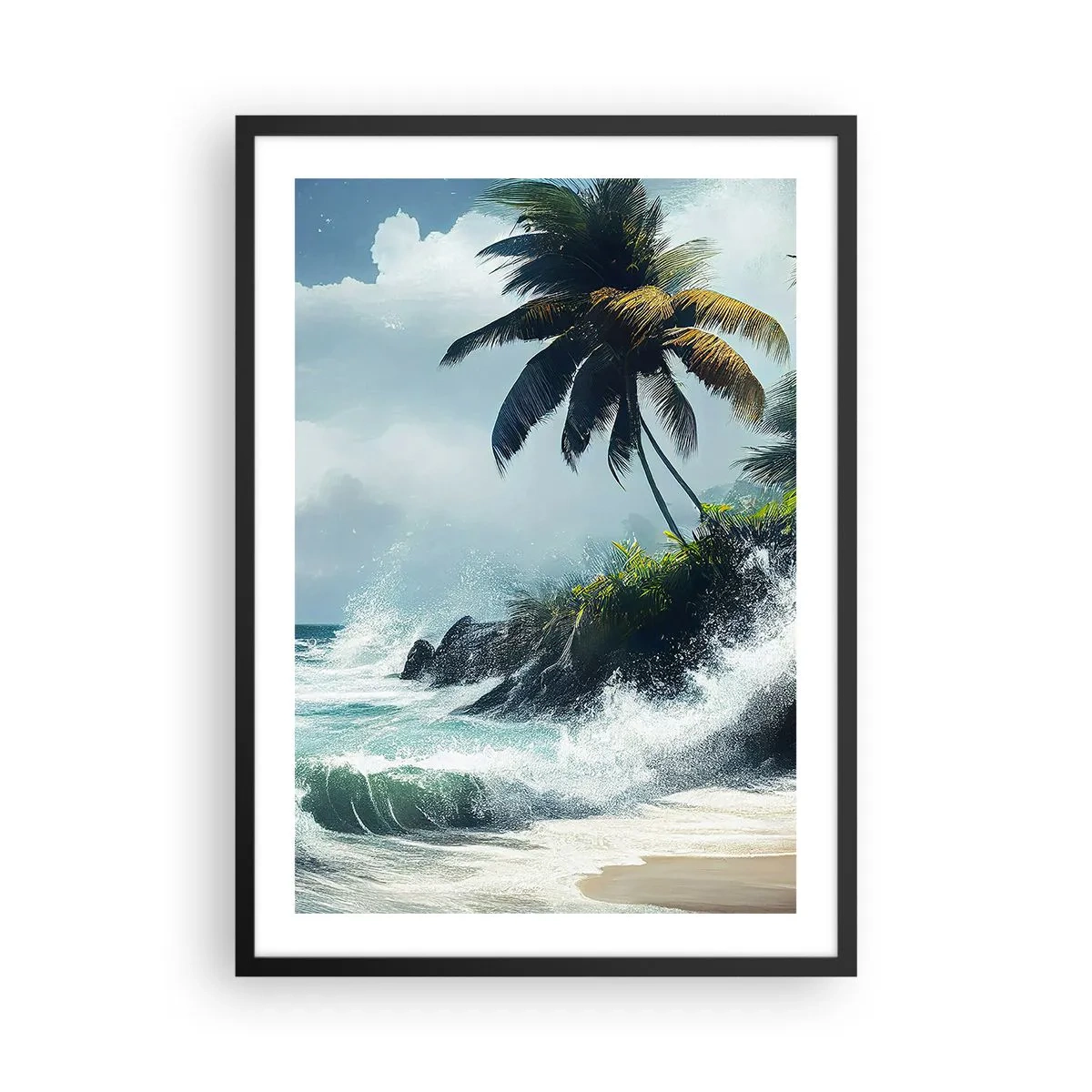 Póster en marco negro - Playa tropical con palmeras y un mar agitado. - 50x70cm - En una costa tropical - Decoración de pared moderna para salón y dormitorio ARTTOR